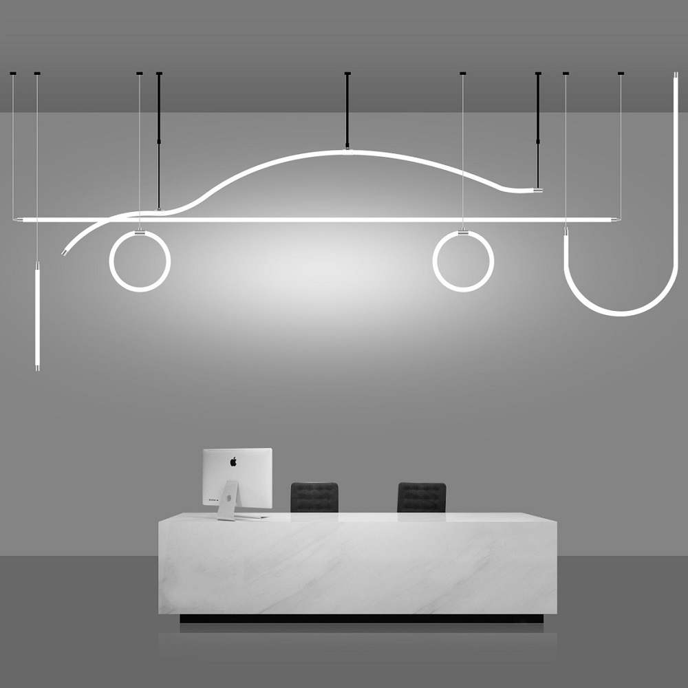 Custom LED neon flex pendant lighting above a modern reception desk